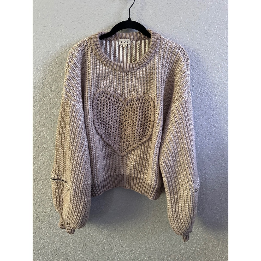 POL Womens Heart Patch Waffle Knit Sweater Mauve Pink Zipper Sleeve Size S